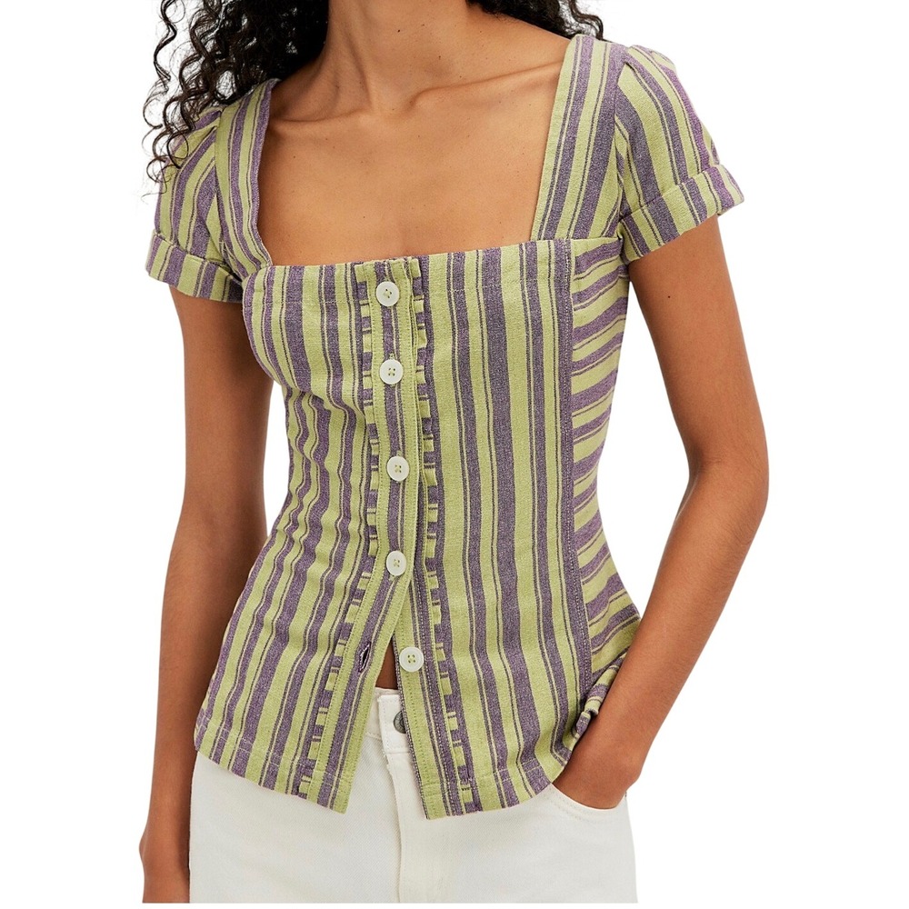 We The Free Calabaza Striped Shirt Green Purple Button Front Square Neck Top S